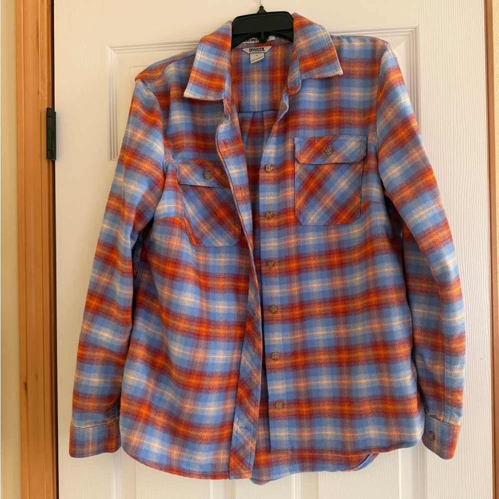 Duluth Trading Co Folklore Flannel in Blue and Orange